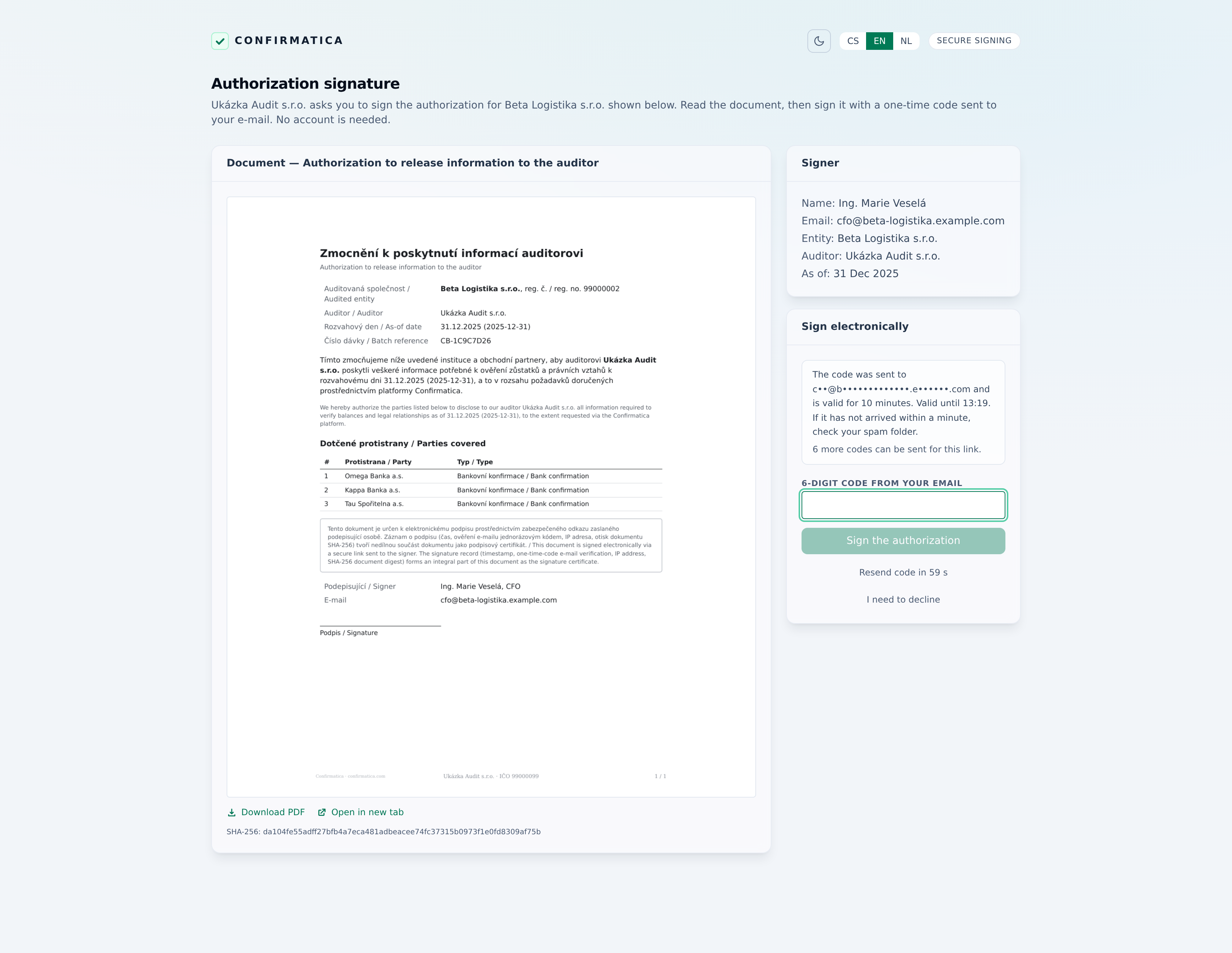 Client signing page with the authorization PDF rendered inline, its SHA-256 digest, the email verification-code step with its resend counter, an “I need to decline” option, and the CS/EN/NL language toggle in the header.