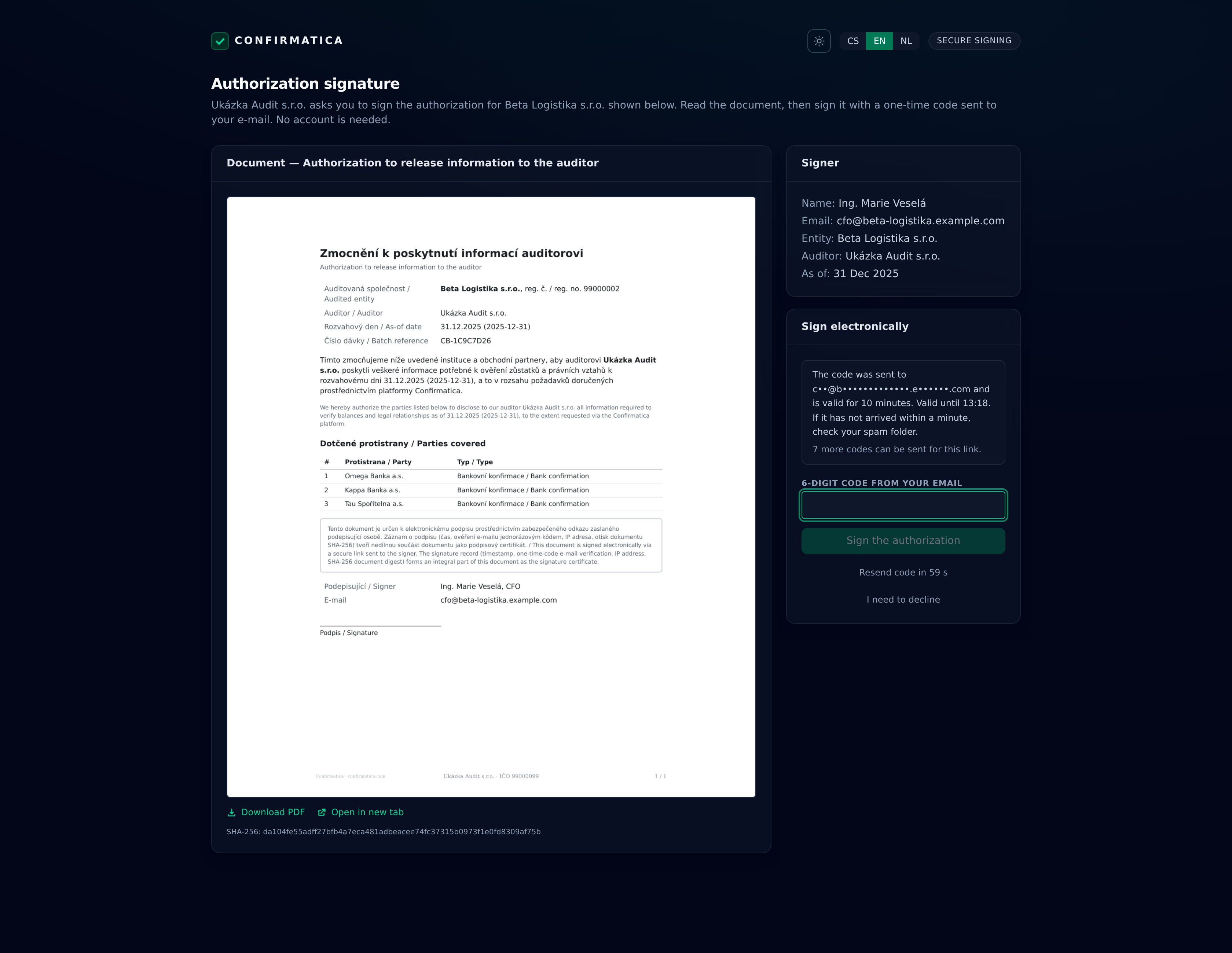Client signing page with the authorization PDF rendered inline, its SHA-256 digest, the email verification-code step with its resend counter, an “I need to decline” option, and the CS/EN/NL language toggle in the header.